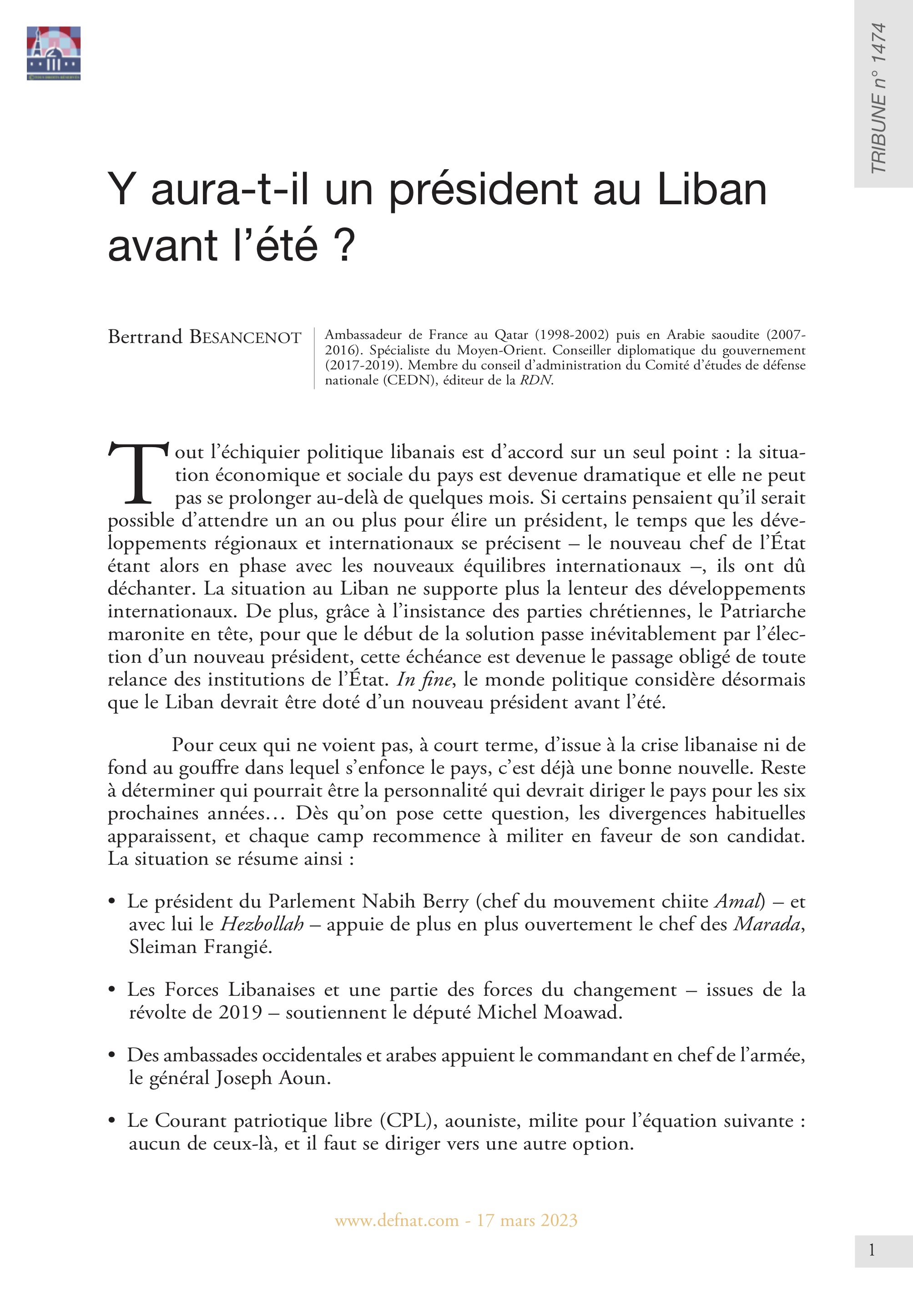 Y aura-t-il un président au Liban avant l’été ? (T 1474)
